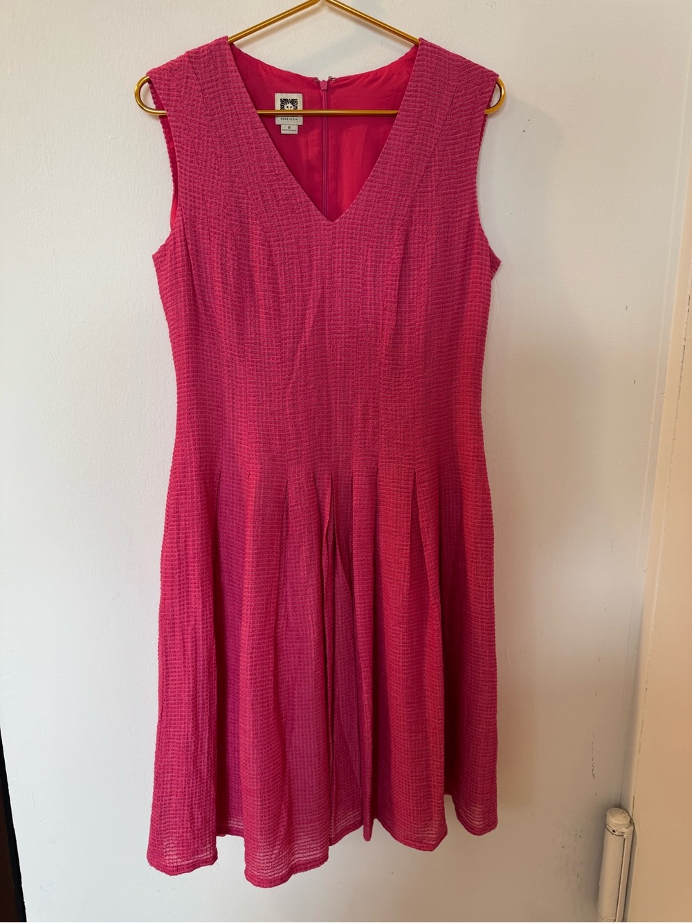 Anne Klein Hot Pink Textured Sleeveless V-Neck Midi Dress